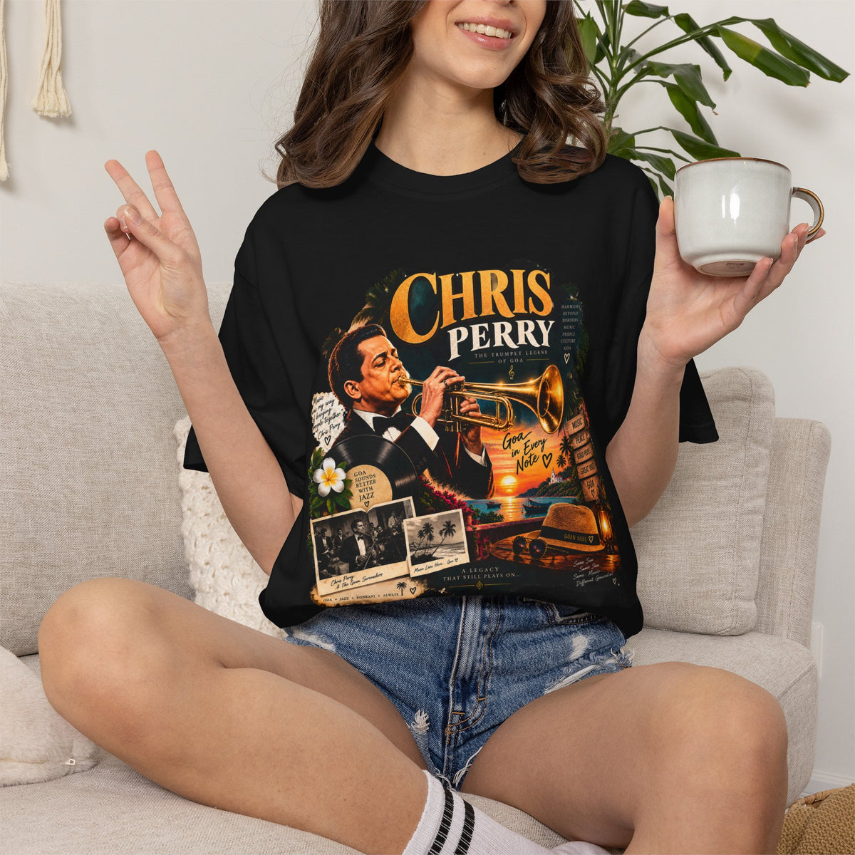 Chris Perry Vintage Jazz garment-dyed T-shirt with trumpet, snapshots and lettering.