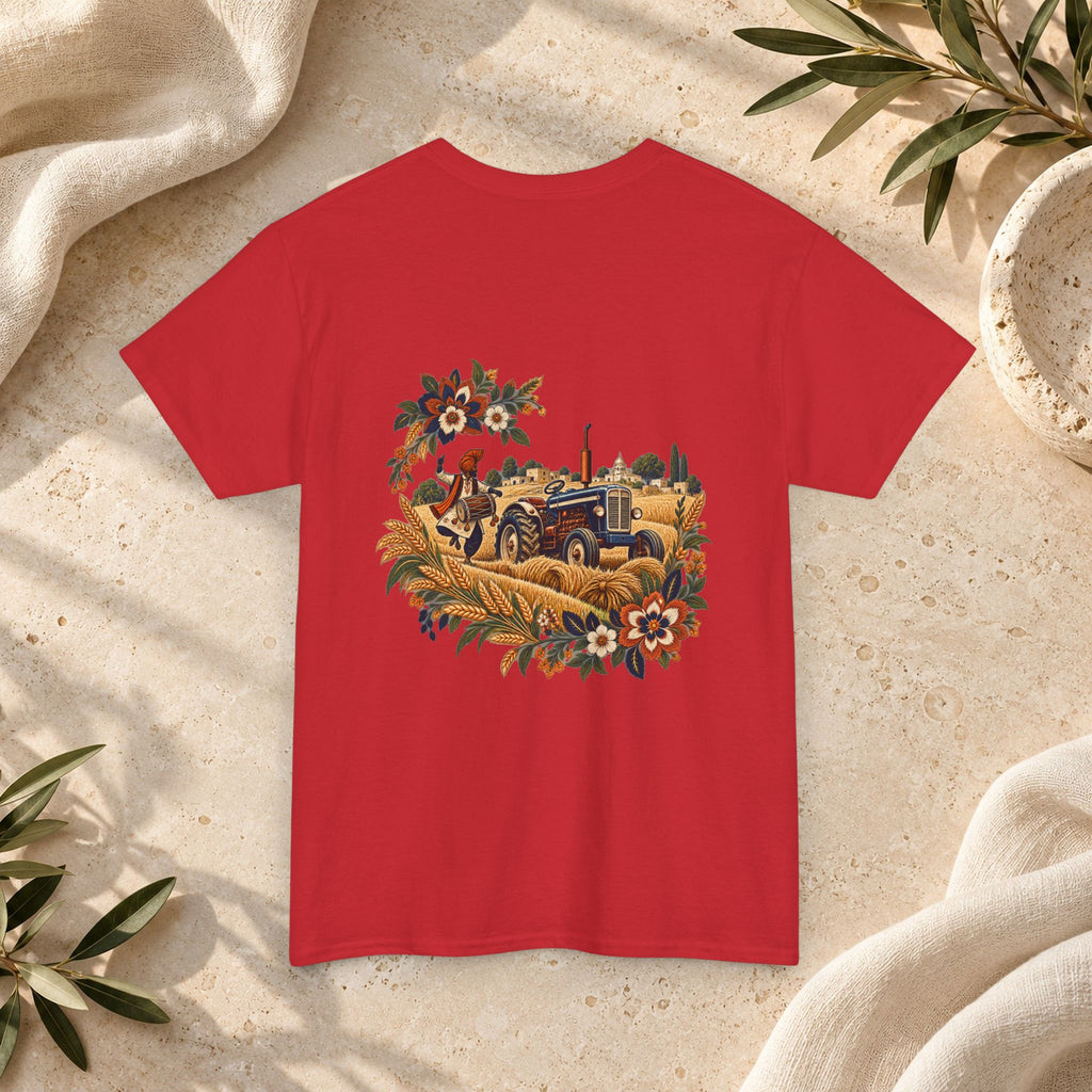 Vintage Folk Art Tractor & Drum Graphic T-Shirt