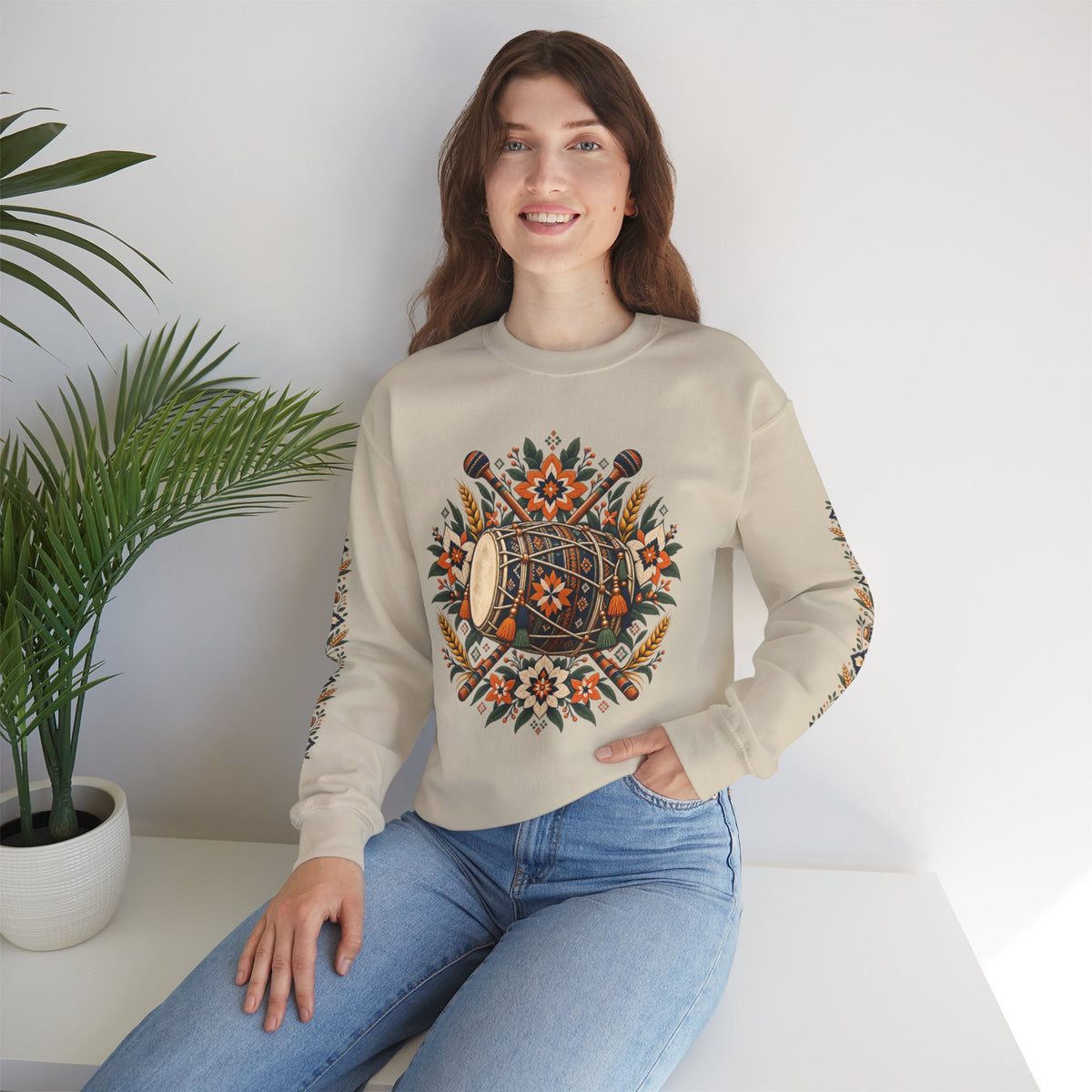 Boho Folk Drum Sweatshirt – Tribal Music Festival Crewneck
