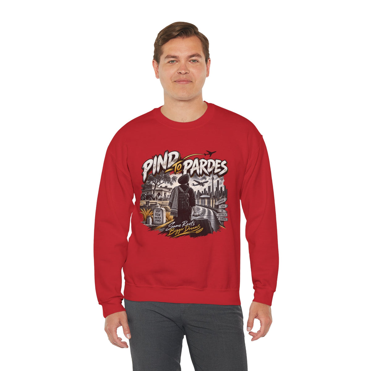 Pind to Pardes Punjabi Diaspora Crewneck Sweatshirt | Travel Art