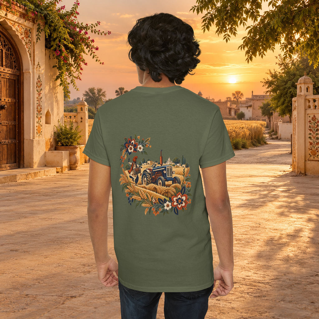 Vintage Folk Art Tractor & Drum Graphic T-Shirt