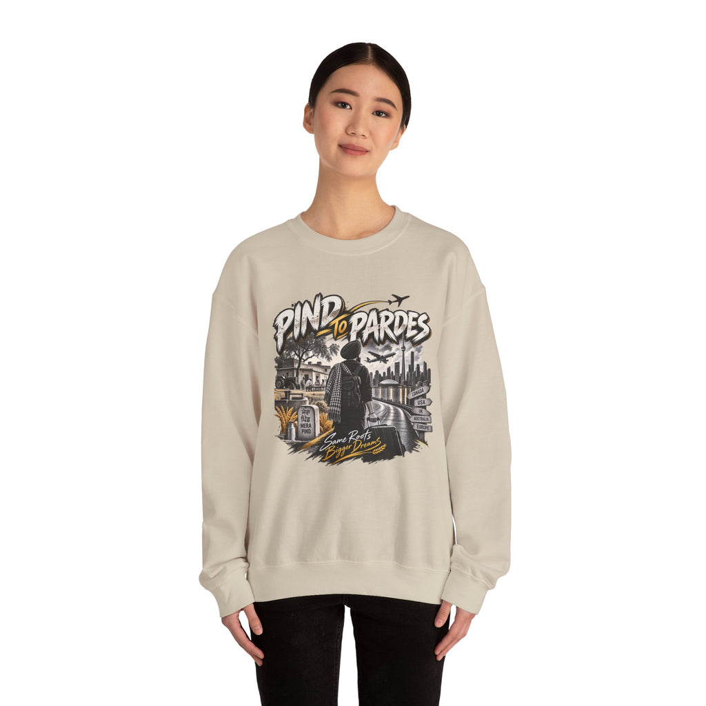 Pind to Pardes Punjabi Diaspora Crewneck Sweatshirt | Travel Art