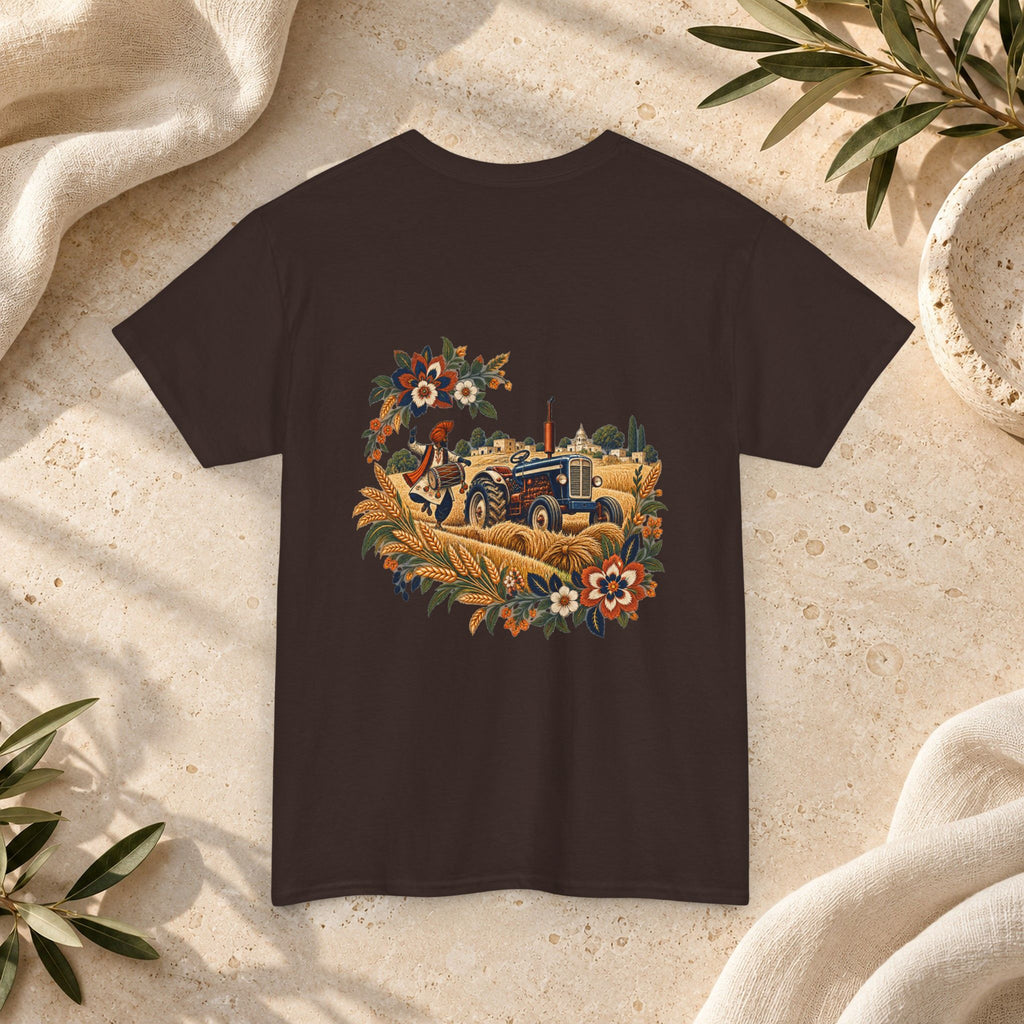 Vintage Folk Art Tractor & Drum Graphic T-Shirt
