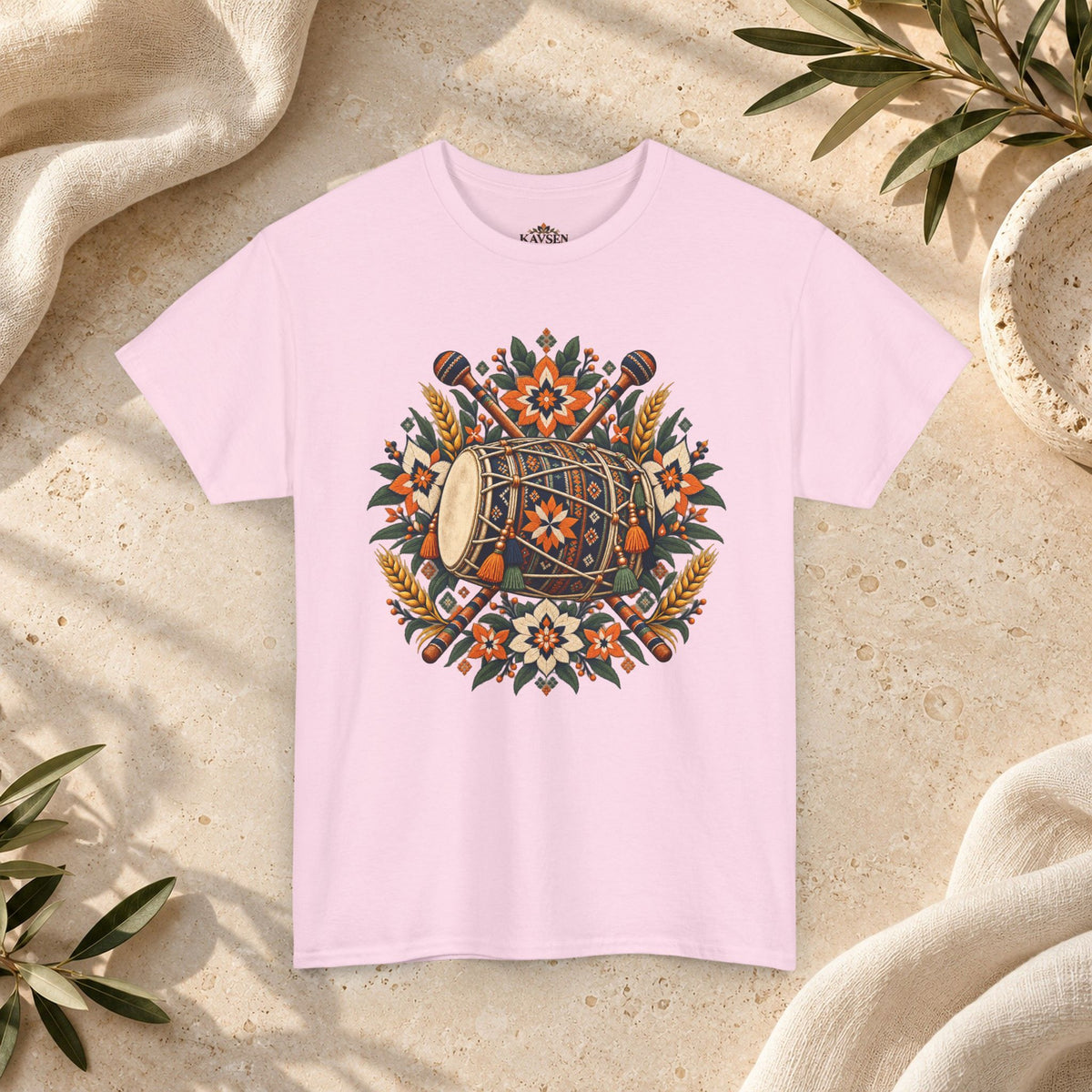 Vintage Folk Art Tractor & Drum Graphic T-Shirt