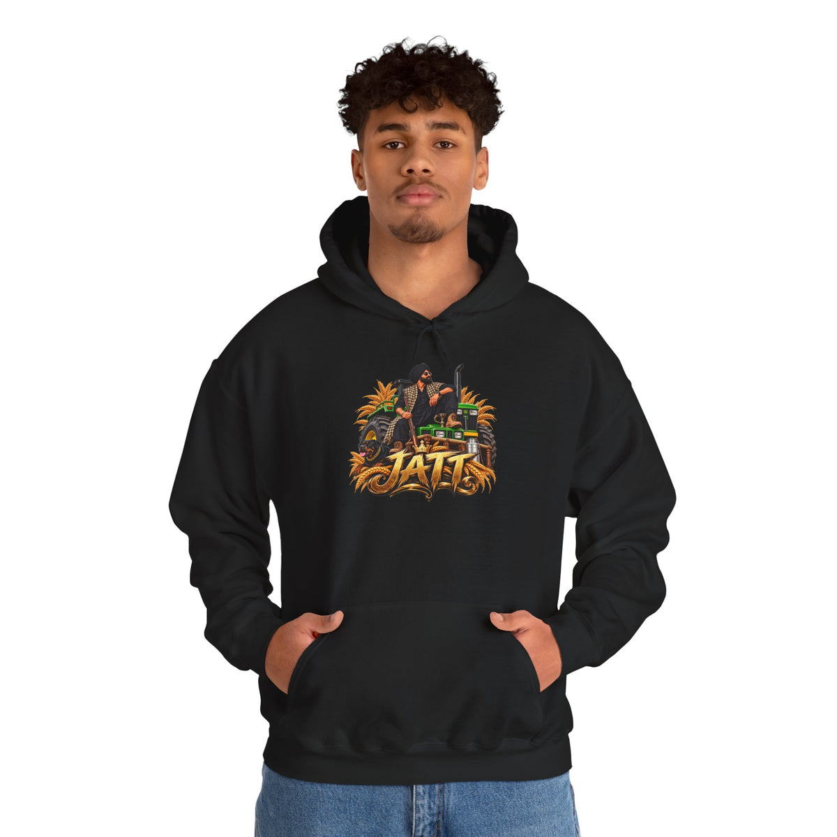 Black JATT tractor hoodie with golden wheat harvest artwork.