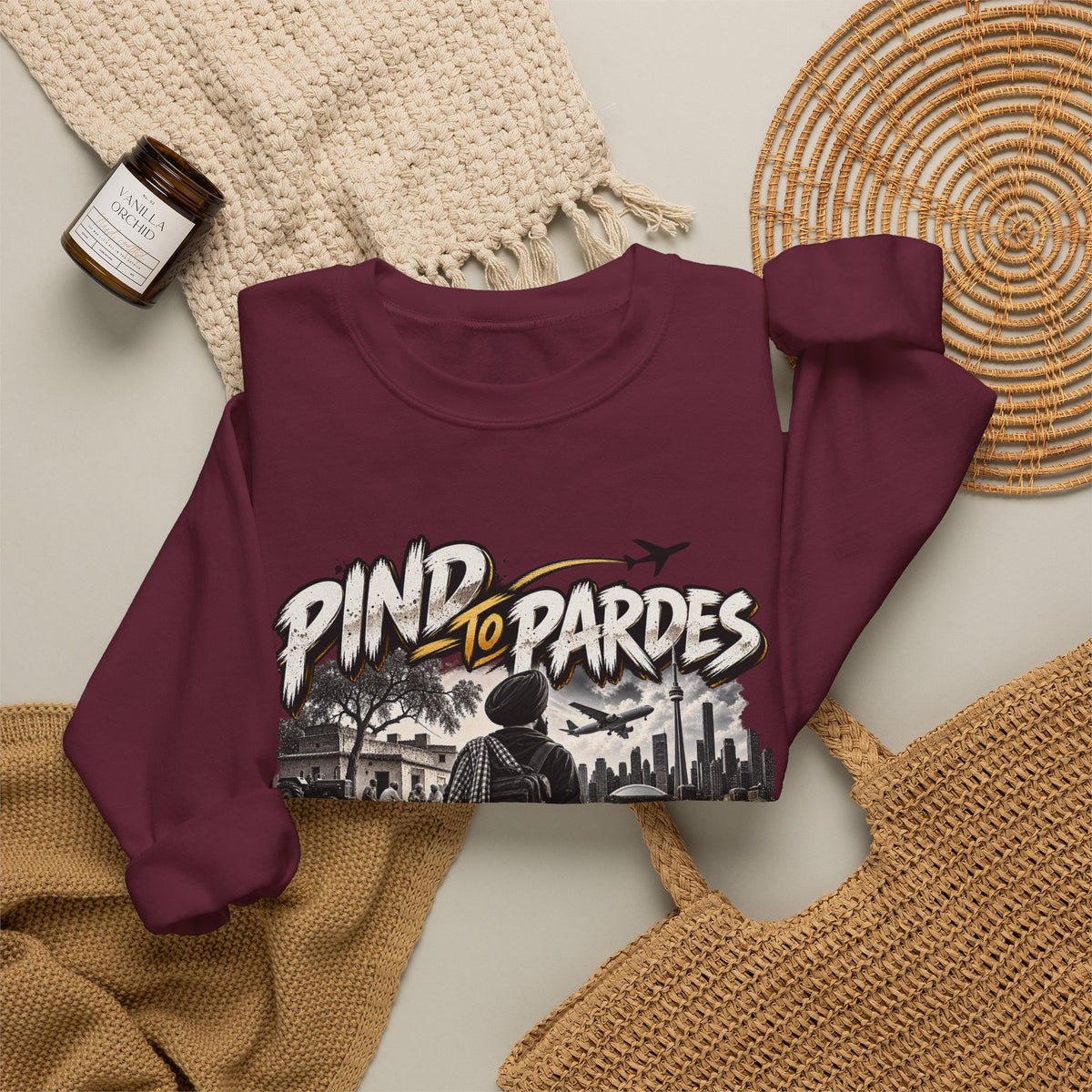 Pind to Pardes Punjabi Diaspora Crewneck Sweatshirt | Travel Art