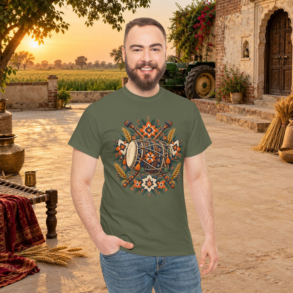 Vintage Folk Art Tractor & Drum Graphic T-Shirt