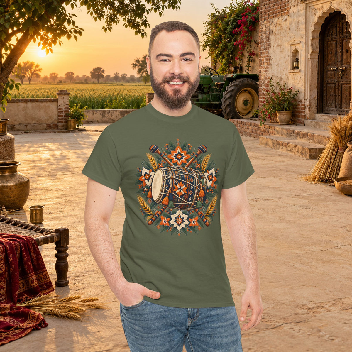 Vintage Folk Art Tractor & Drum Graphic T-Shirt
