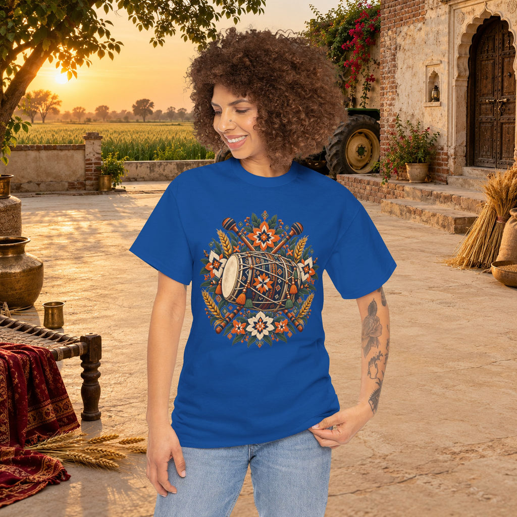 Vintage Folk Art Tractor & Drum Graphic T-Shirt
