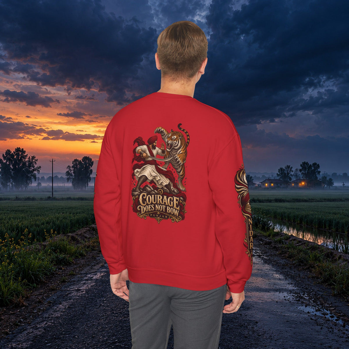 Nidar Courage Does Not Bow Warrior Tiger Crewneck Sweatshirt