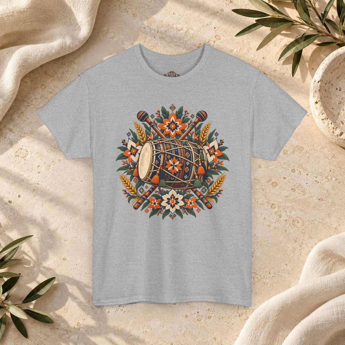 Vintage Folk Art Tractor & Drum Graphic T-Shirt