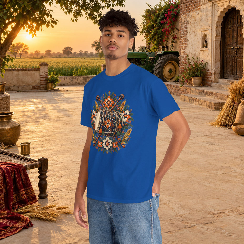 Vintage Folk Art Tractor & Drum Graphic T-Shirt