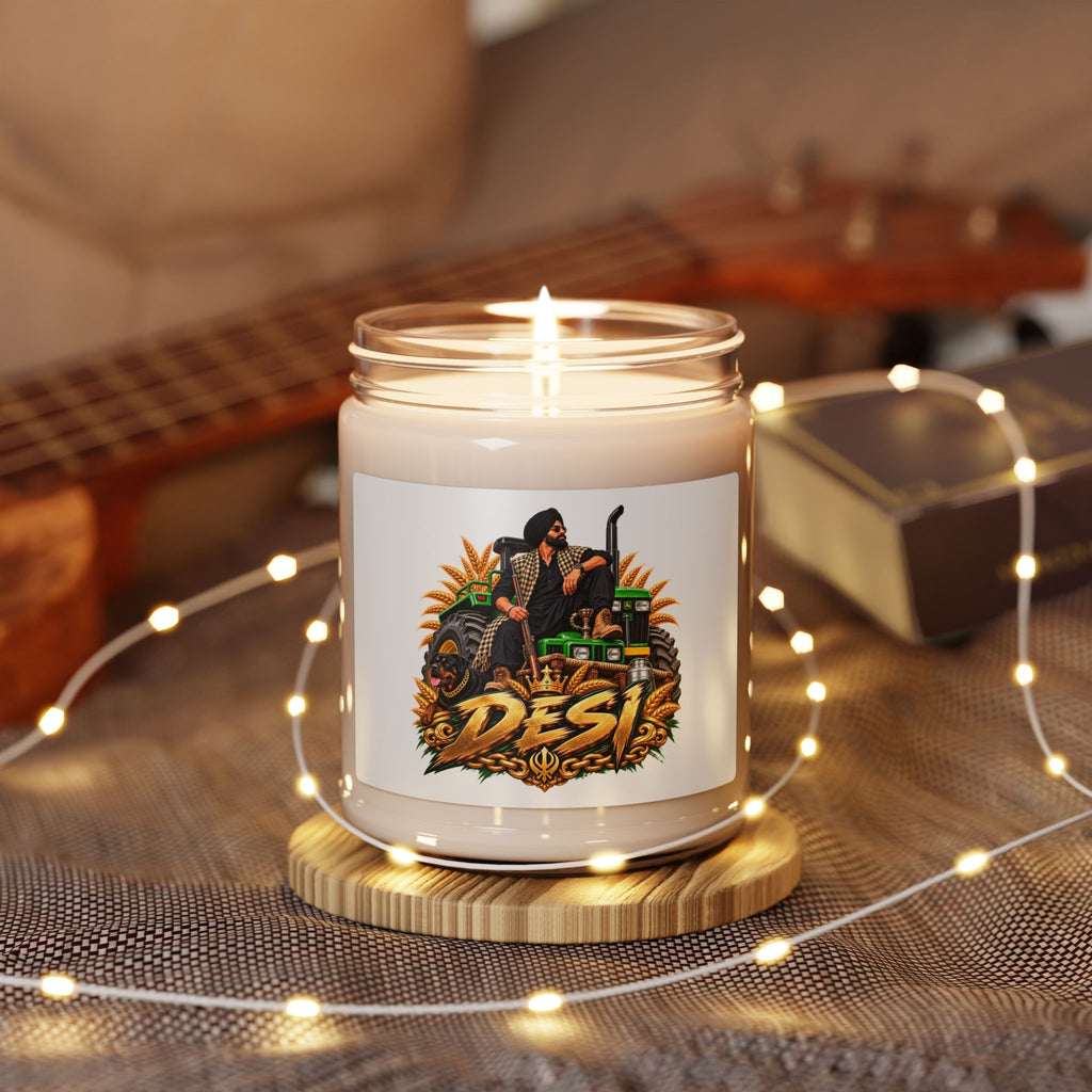 Rustic Farmhouse Soy Candle — 9oz Scented Jar with Tractor Harvest Design
