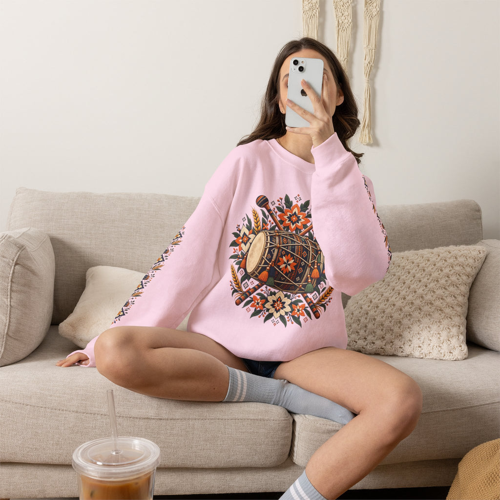 Boho Folk Drum Sweatshirt – Tribal Music Festival Crewneck