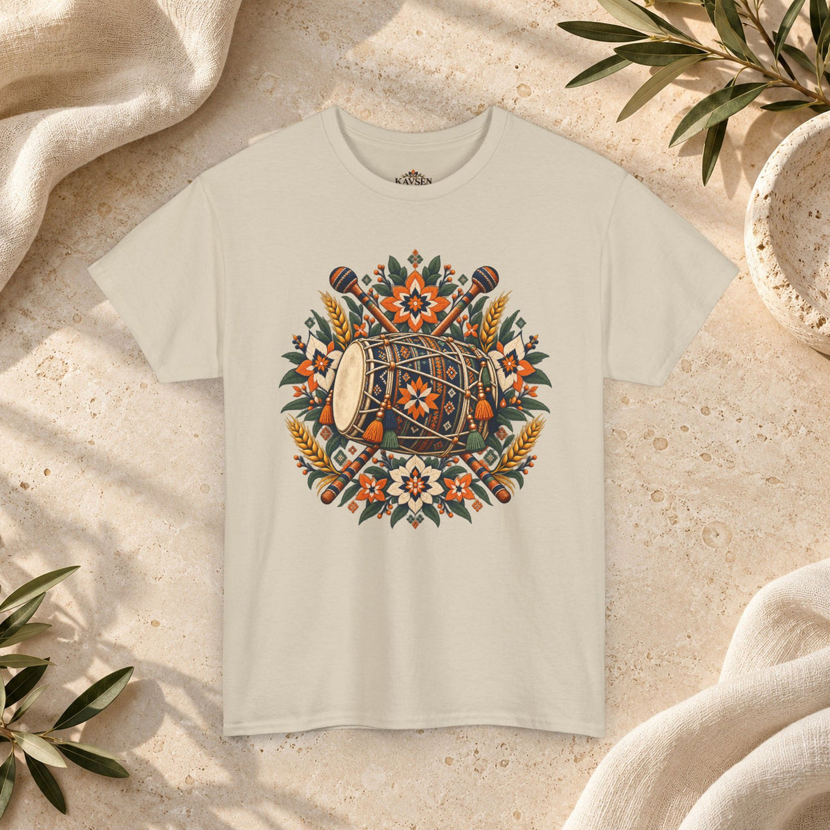 Product gallery view 3 of Vintage Folk Art Tractor & Drum Graphic T-Shirt