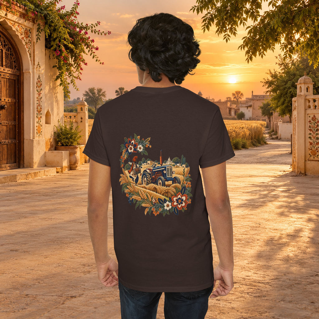 Vintage Folk Art Tractor & Drum Graphic T-Shirt