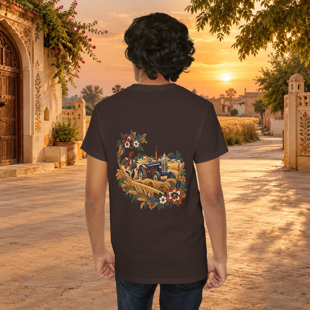 Vintage Folk Art Tractor & Drum Graphic T-Shirt