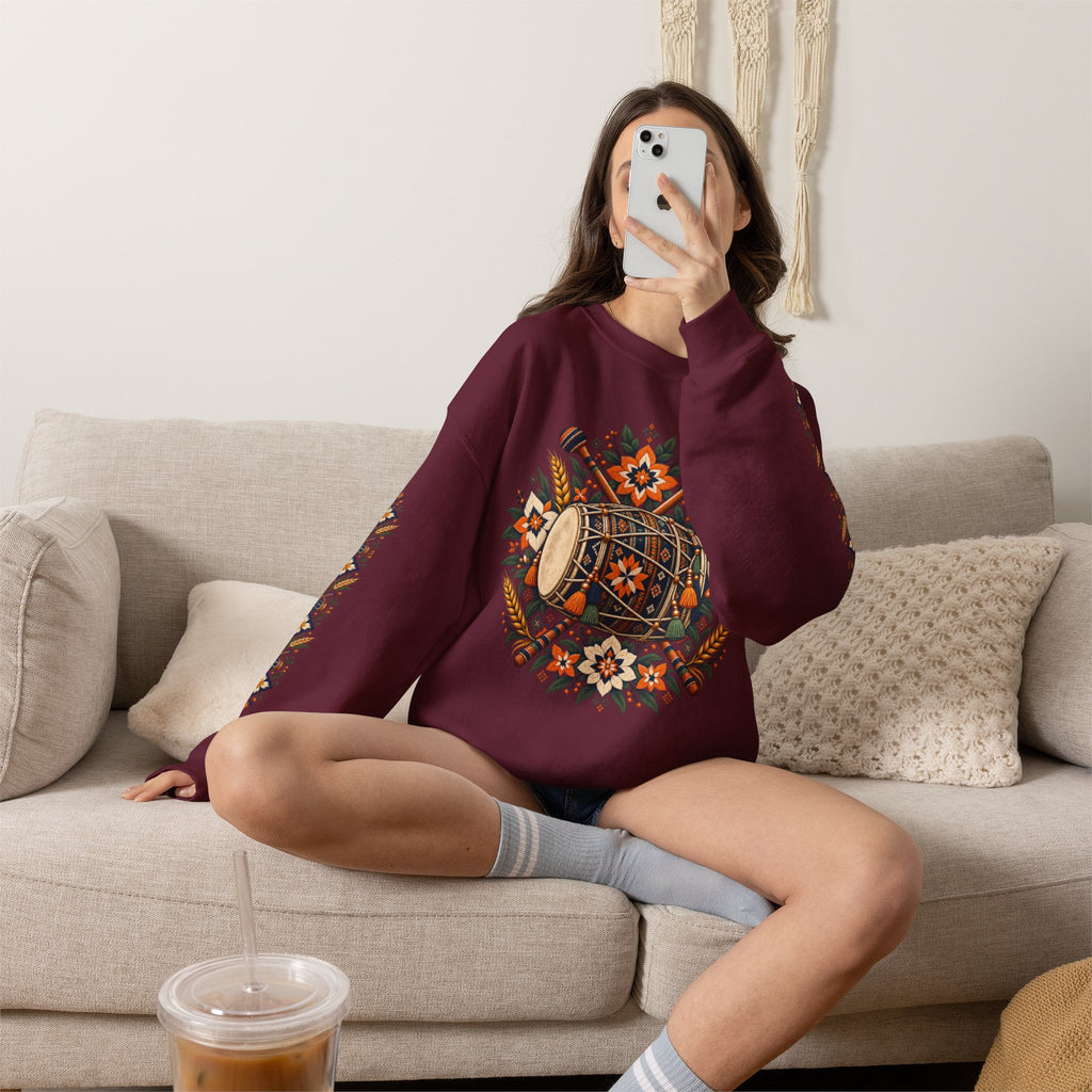 Boho Folk Drum Sweatshirt – Tribal Music Festival Crewneck
