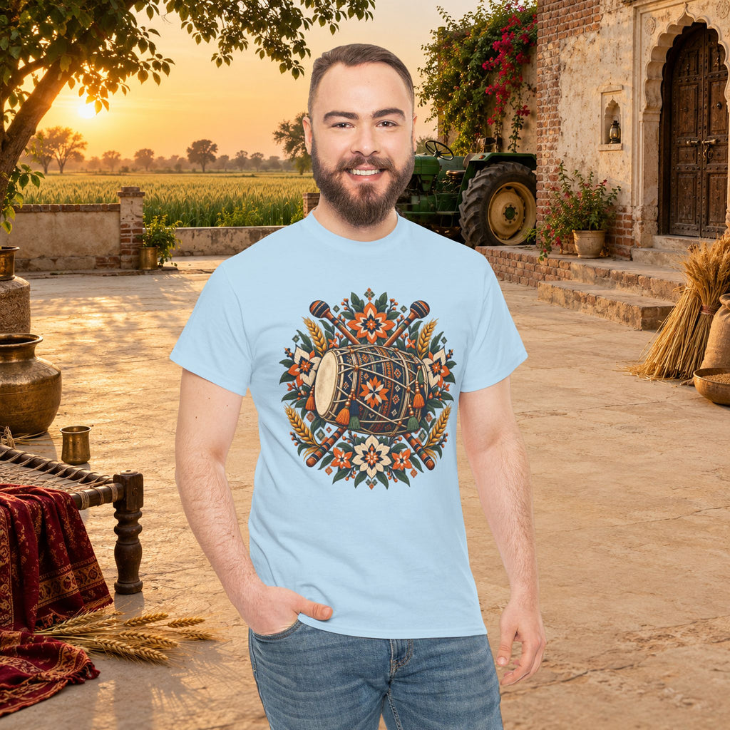 Vintage Folk Art Tractor & Drum Graphic T-Shirt