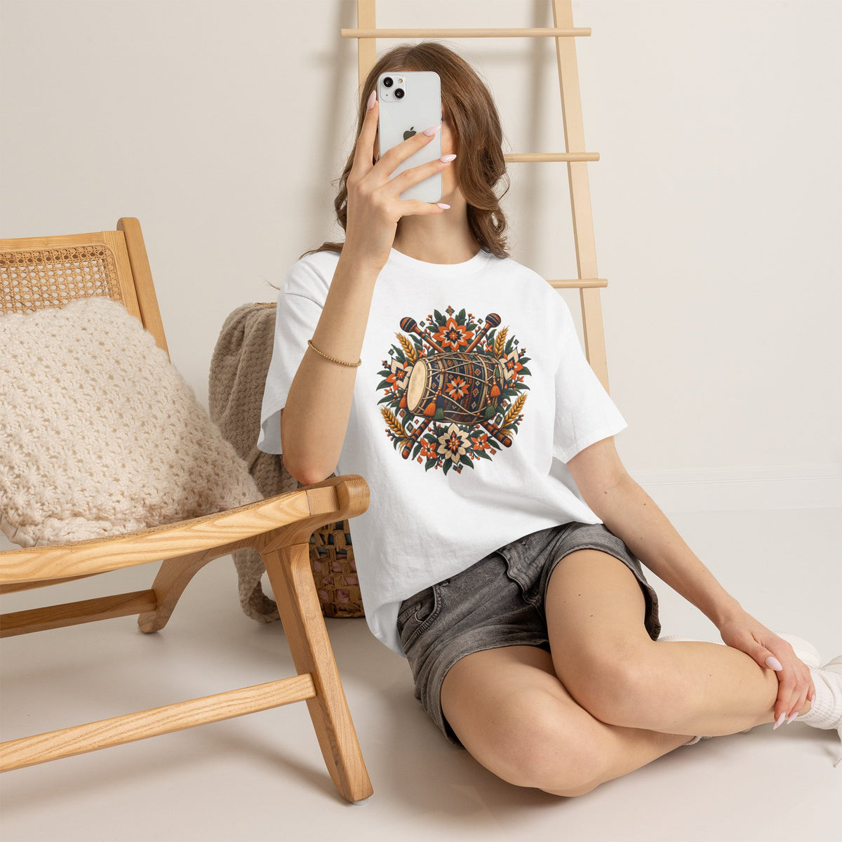 Vintage Folk Art Tractor & Drum Graphic T-Shirt
