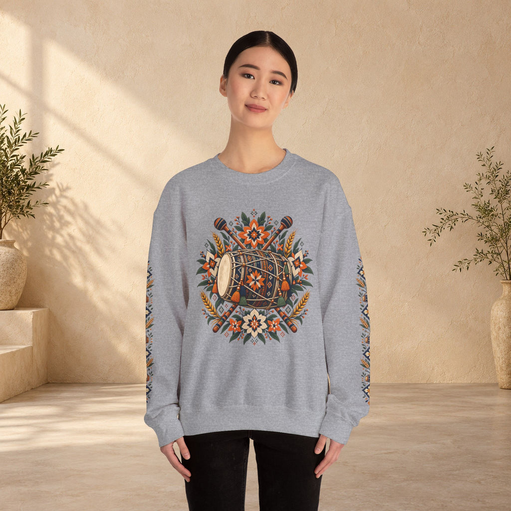 Boho Folk Drum Sweatshirt – Tribal Music Festival Crewneck