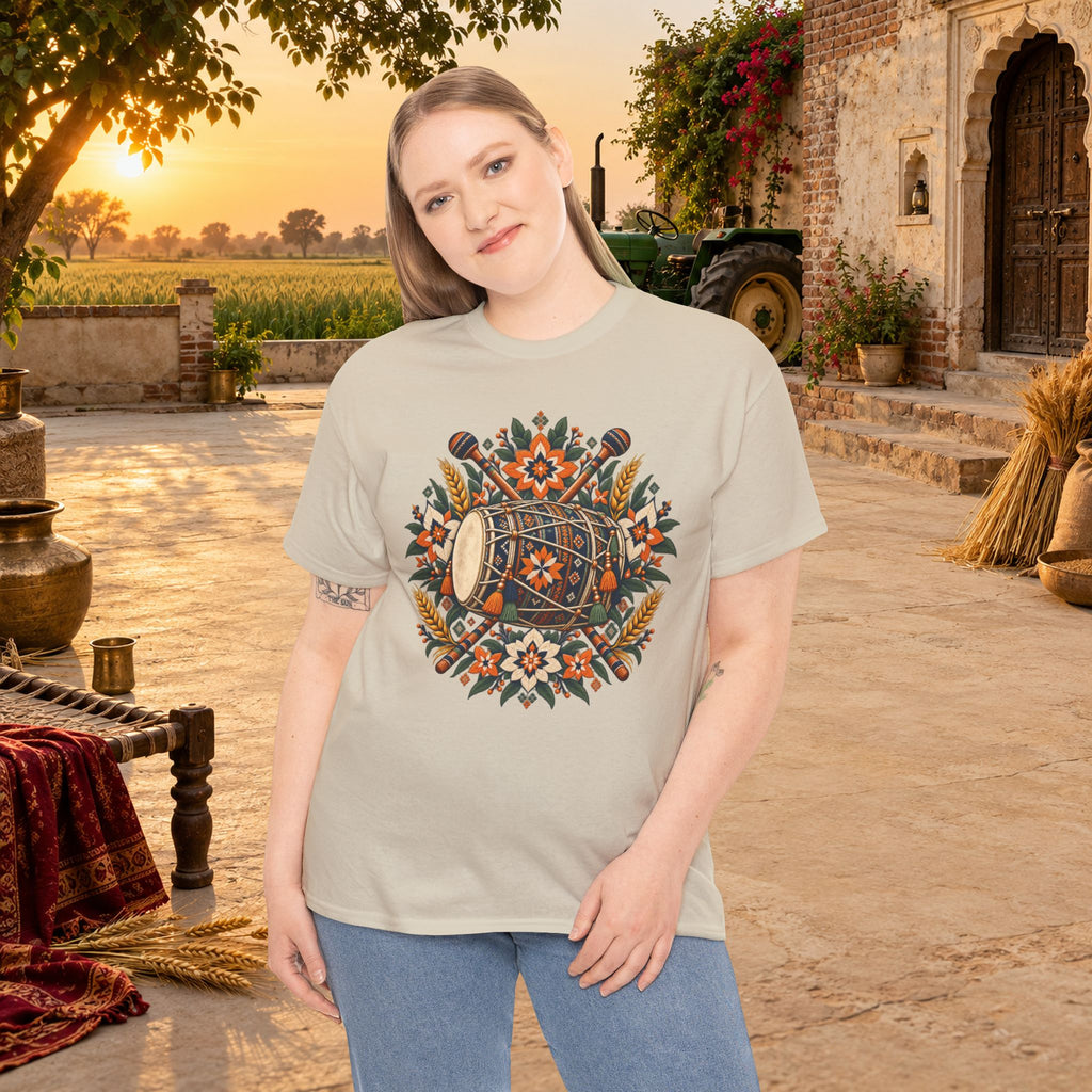 Vintage Folk Art Tractor & Drum Graphic T-Shirt