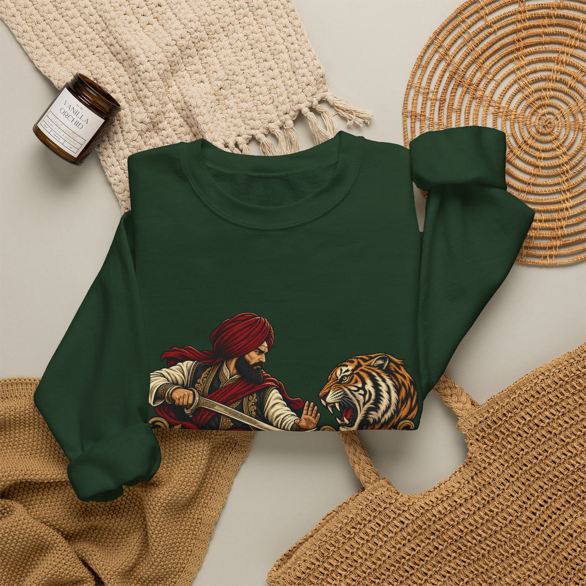 Nidar Courage Does Not Bow Warrior Tiger Crewneck Sweatshirt