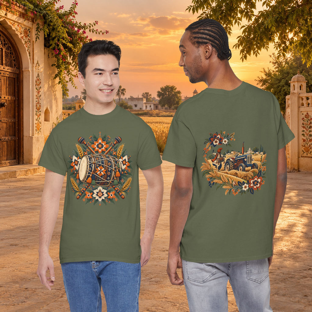 Vintage Folk Art Tractor & Drum Graphic T-Shirt
