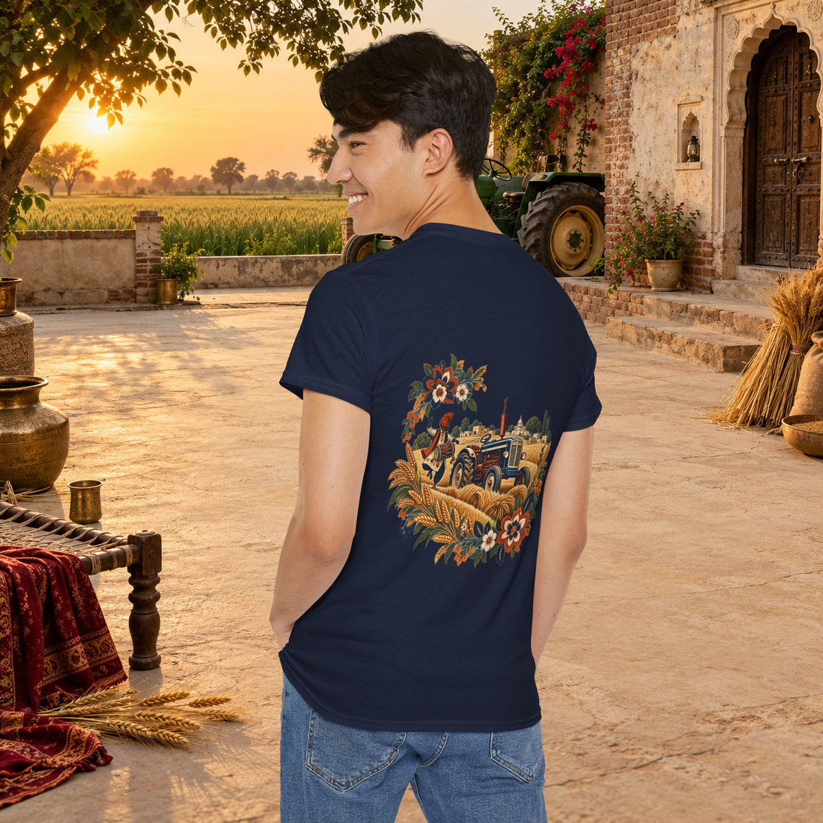 Vintage Folk Art Tractor & Drum Graphic T-Shirt