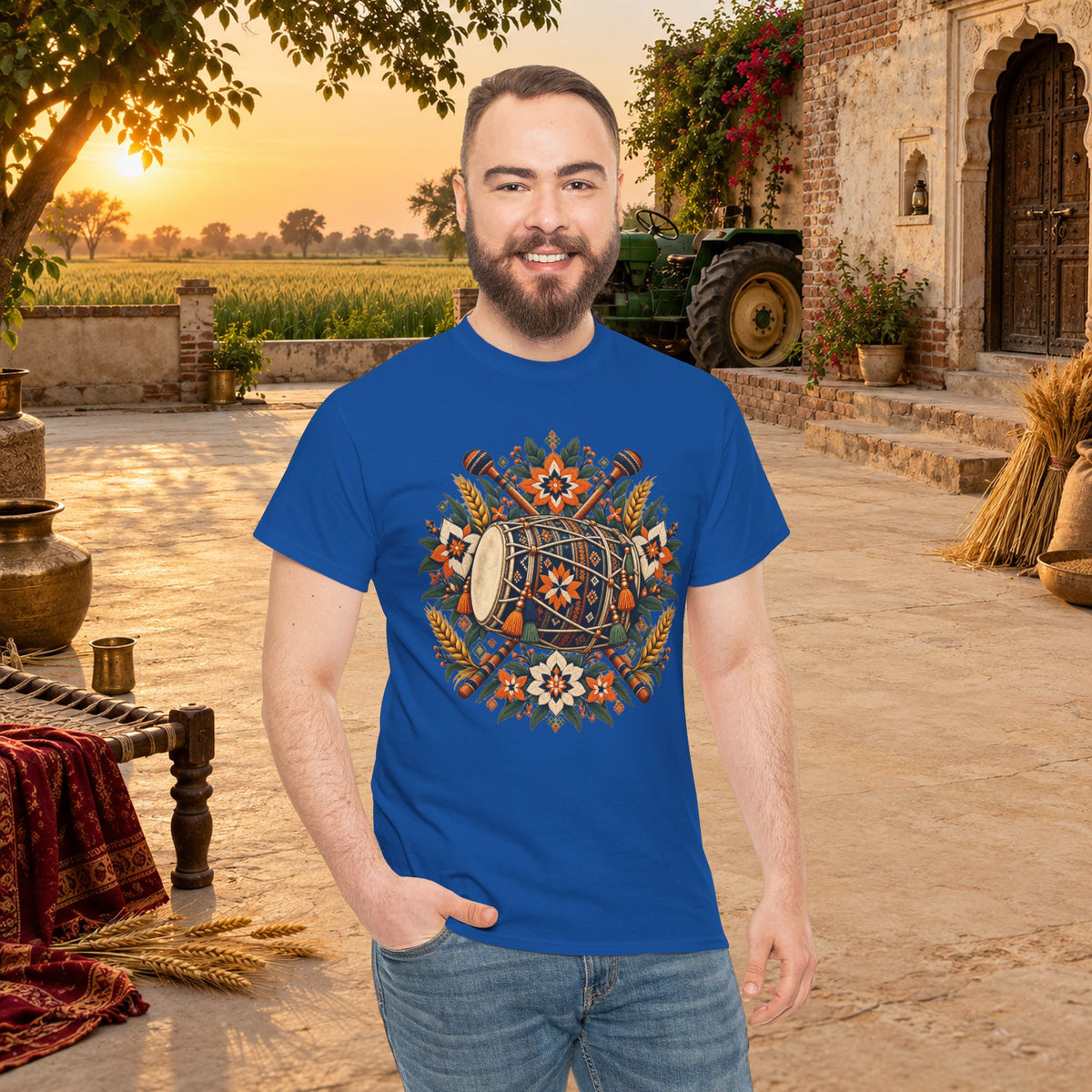 Vintage Folk Art Tractor & Drum Graphic T-Shirt