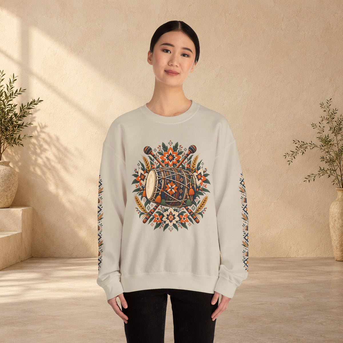 Boho Folk Drum Sweatshirt – Tribal Music Festival Crewneck