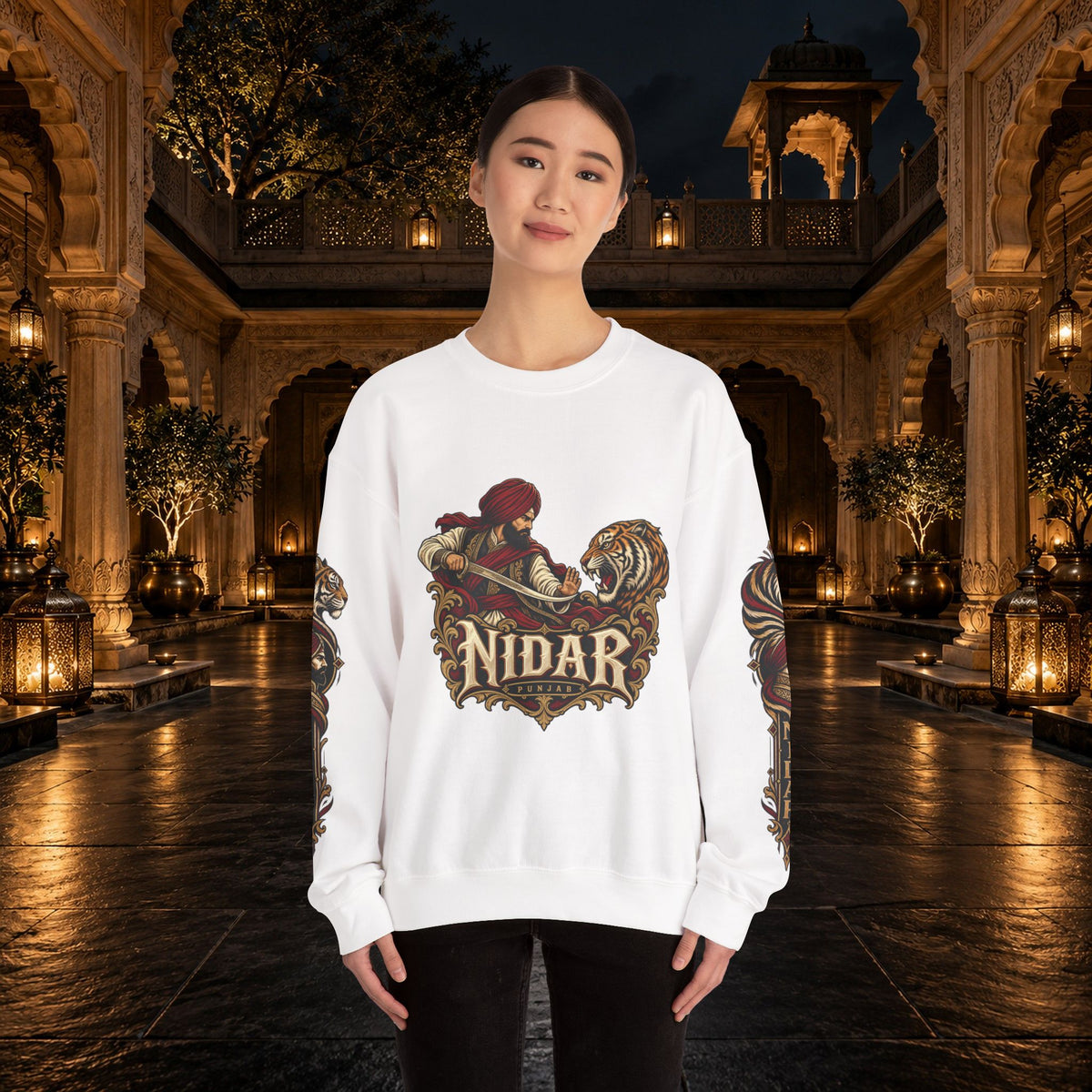 Nidar Courage Does Not Bow Warrior Tiger Crewneck Sweatshirt