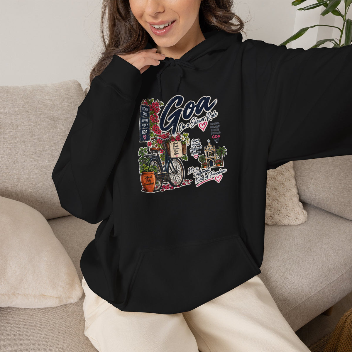 Additional view of Goa On a Slow Ride Hoodie — Goan Bicycle Art (3)