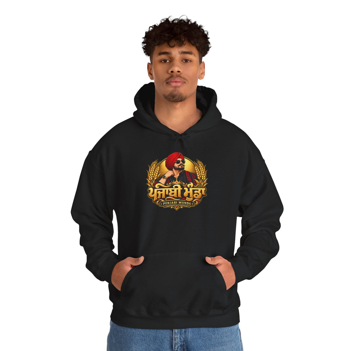 Punjabi Munda hoodie with warm gold artwork, wheat motifs and a stylised figure.