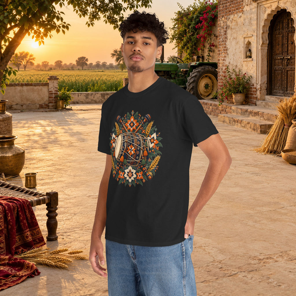 Vintage Folk Art Tractor & Drum Graphic T-Shirt
