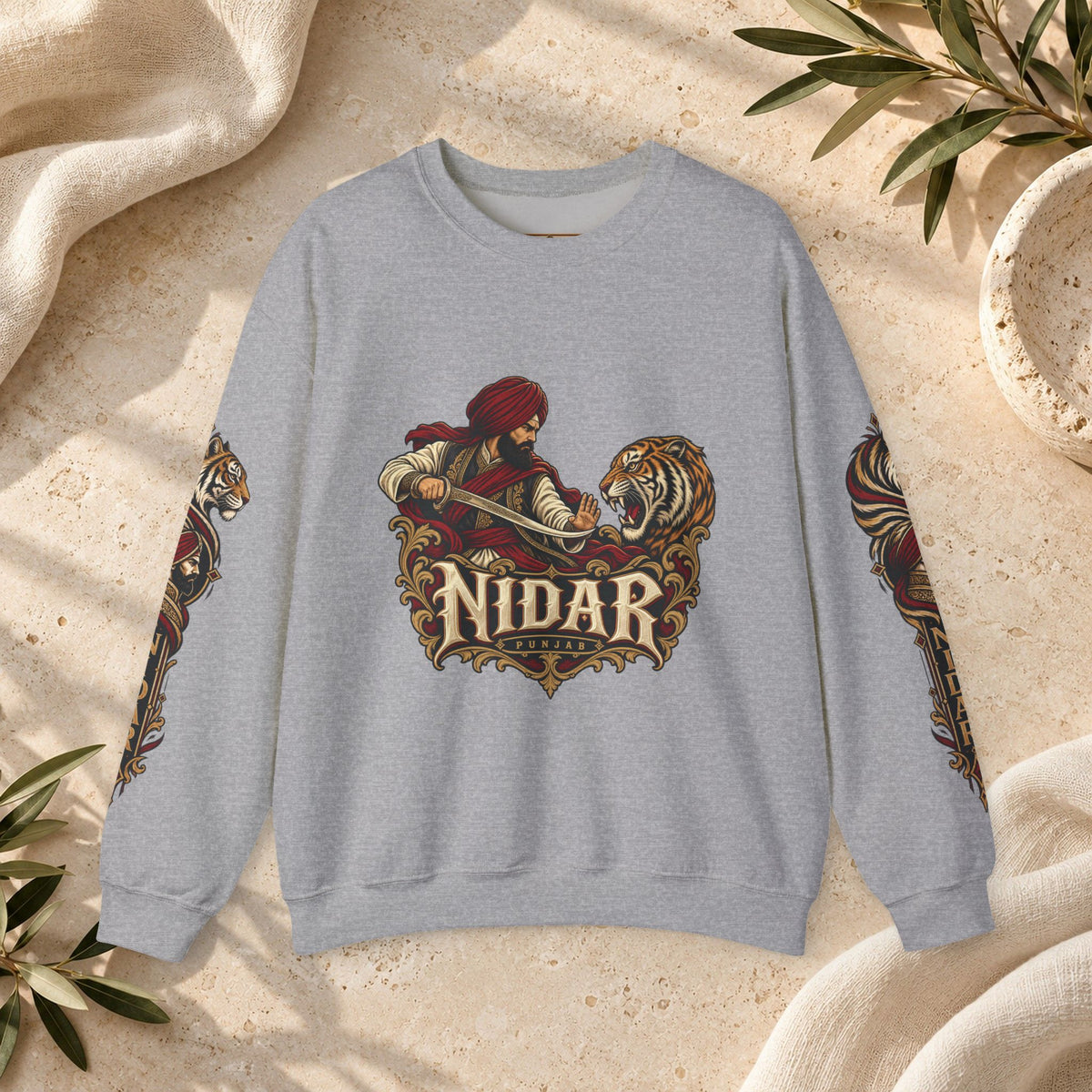 Nidar Courage Does Not Bow Warrior Tiger Crewneck Sweatshirt