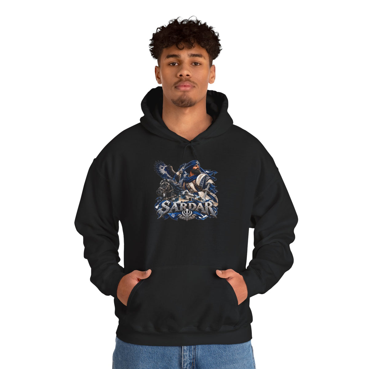 Sardar Warrior graphic hoodie with textured artwork and bold lettering.