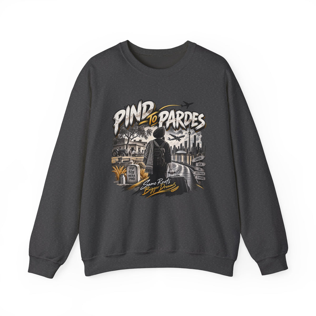 Pind to Pardes Punjabi Diaspora Crewneck Sweatshirt | Travel Art