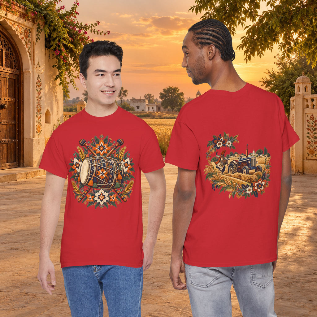 Vintage Folk Art Tractor & Drum Graphic T-Shirt