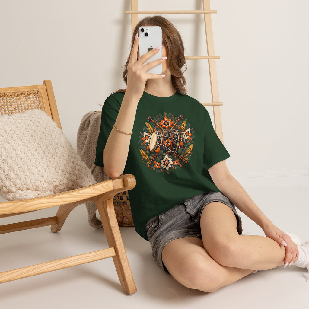 Vintage Folk Art Tractor & Drum Graphic T-Shirt