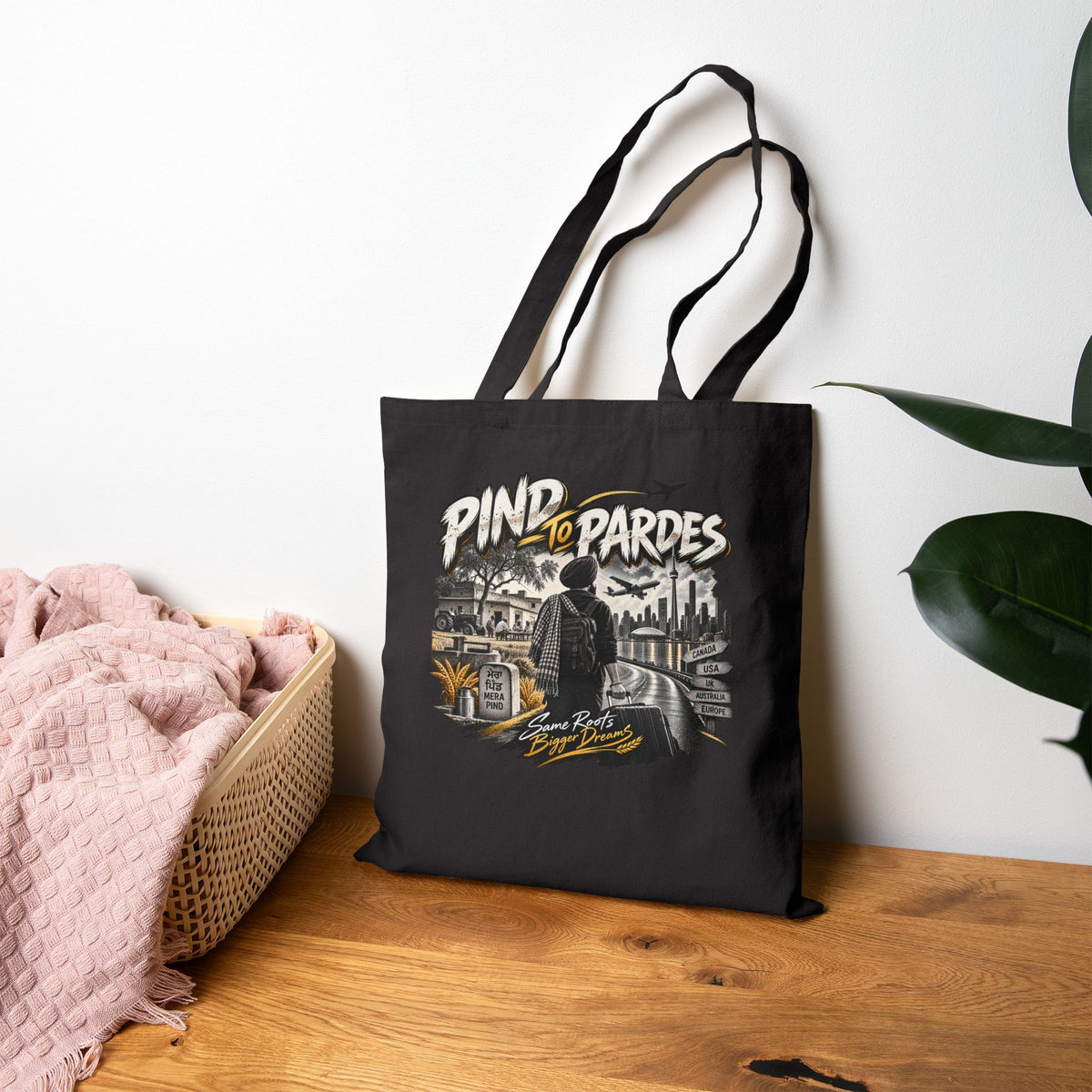 Pind to Pardes Punjabi diaspora cotton canvas tote with vintage travel-inspired printed artwork