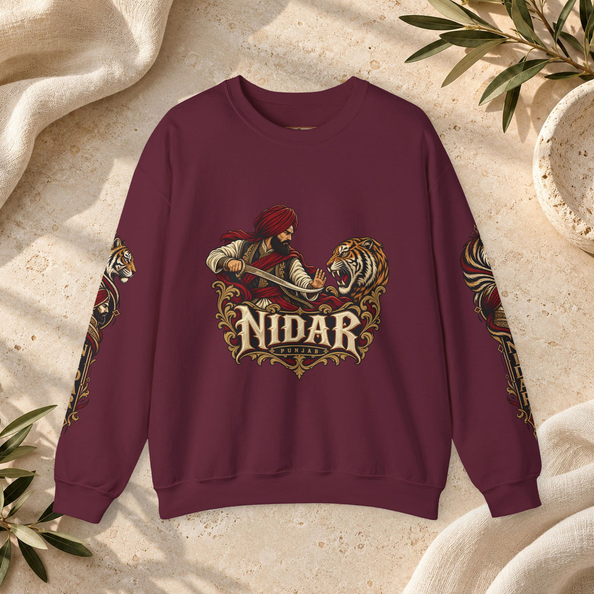 Nidar Courage Does Not Bow Warrior Tiger Crewneck Sweatshirt