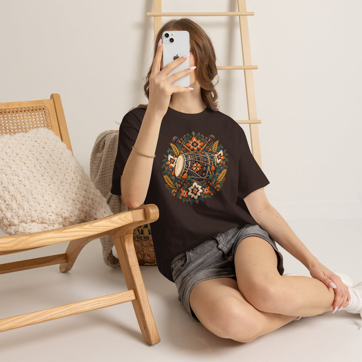 Vintage Folk Art Tractor & Drum Graphic T-Shirt