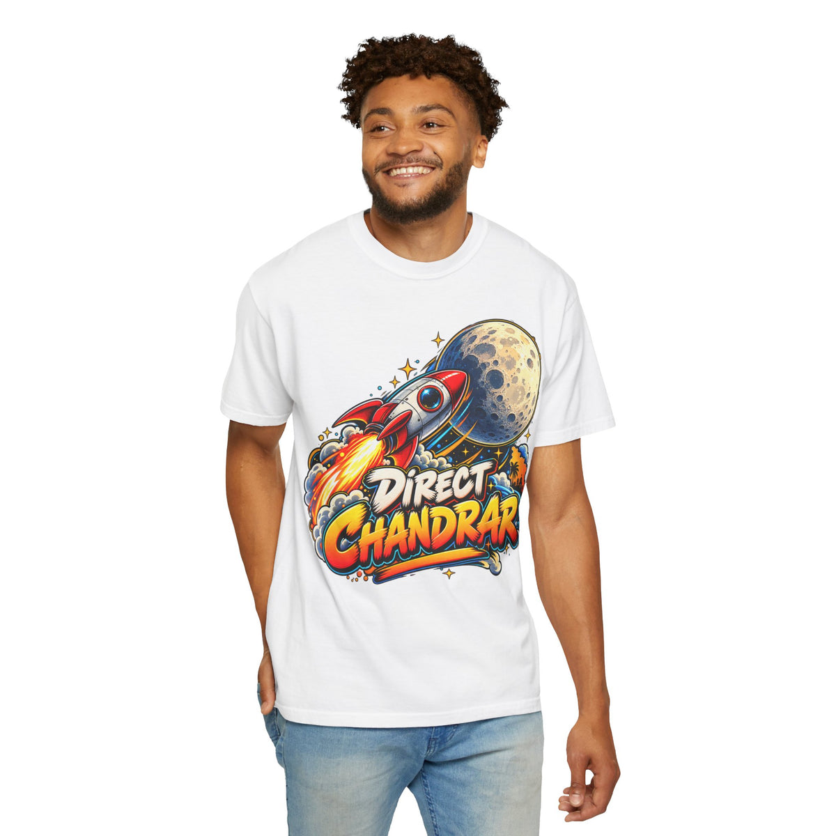 DIRECT CHANDRAR Goan heritage phrase graphic on a garment-dyed T-shirt.