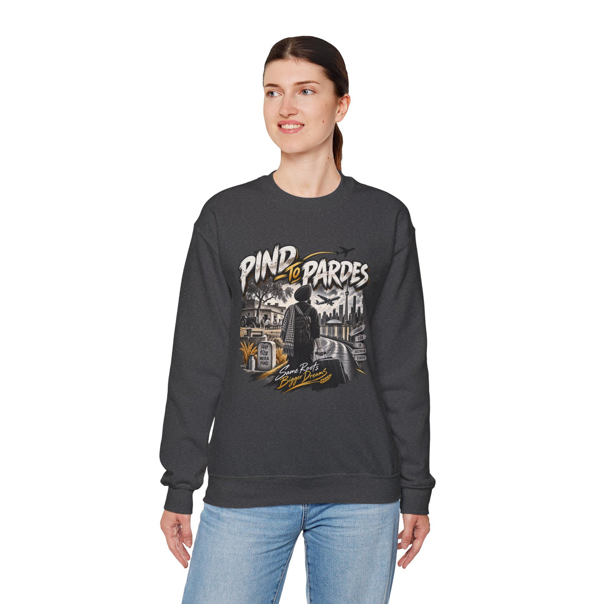 Pind to Pardes Punjabi Diaspora Crewneck Sweatshirt | Travel Art