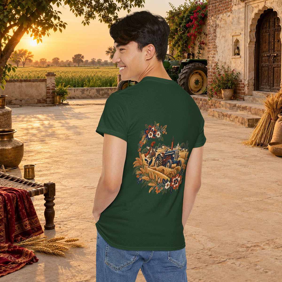 Vintage Folk Art Tractor & Drum Graphic T-Shirt