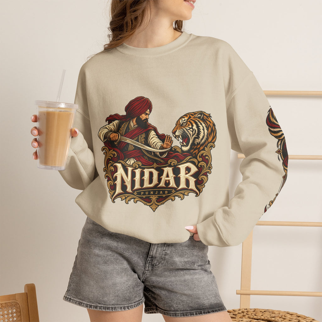 Nidar Courage Does Not Bow Warrior Tiger Crewneck Sweatshirt
