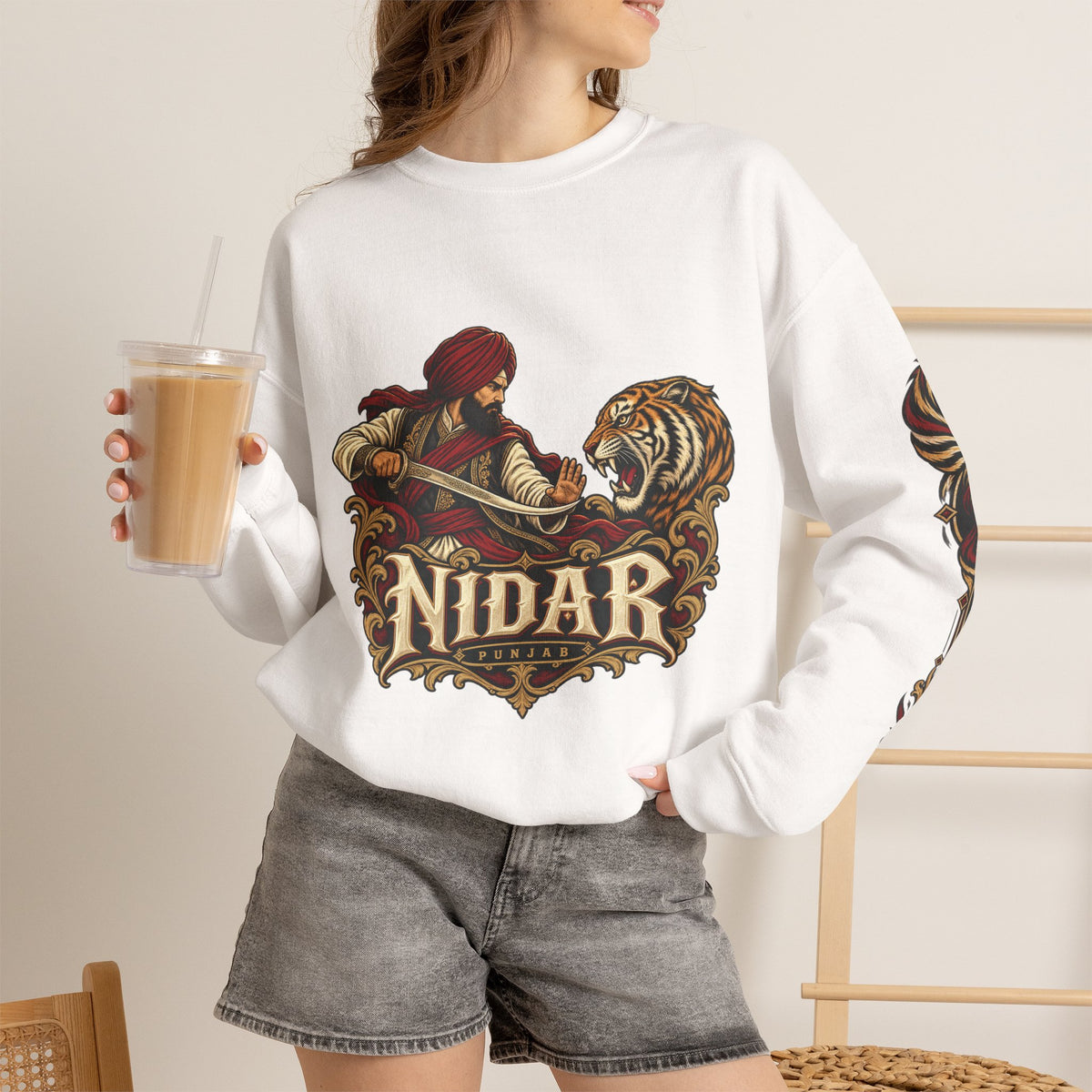 Nidar Courage Does Not Bow Warrior Tiger Crewneck Sweatshirt
