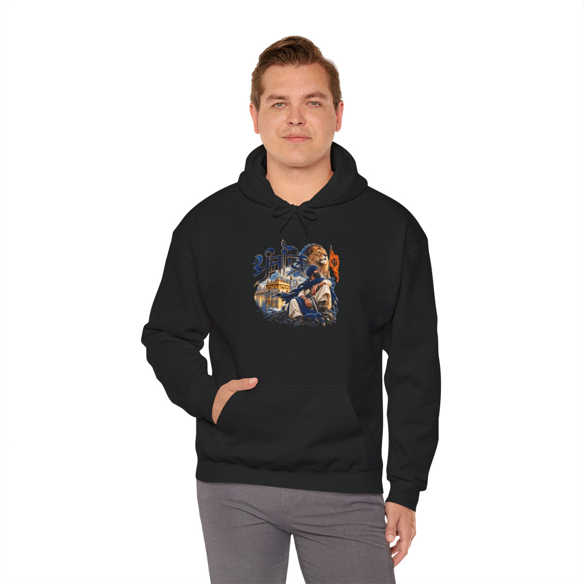 Mythic Warrior hoodie featuring an illustrated Indian palace scene and Hindi text.