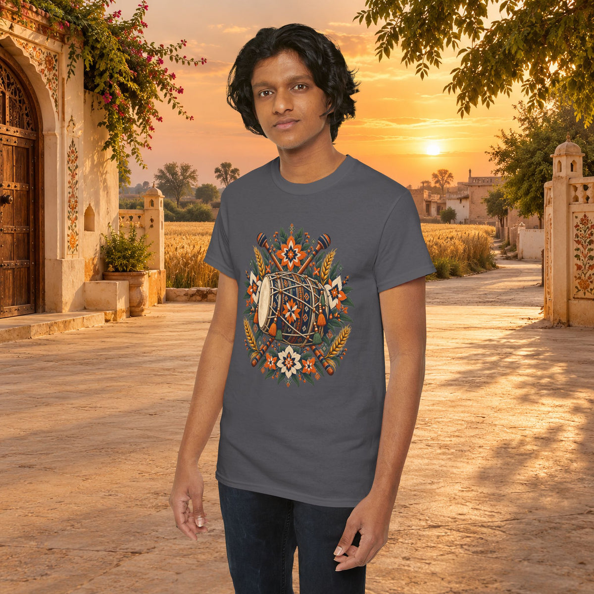 Vintage Folk Art Tractor & Drum Graphic T-Shirt